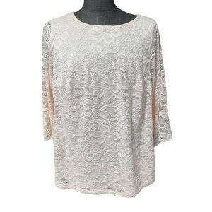 Croft & Barrow Pink Lace Floral 
Top 1X Bell Sleeve Feminine Office Pastel Knit